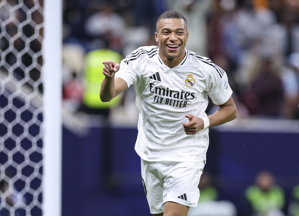 Kylian Mbappé of Real Madrid celebrates scoring a goal.