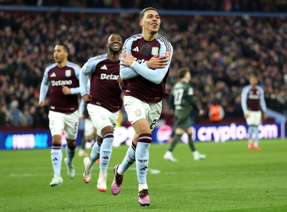 Morgan Rogers of Aston Villa celebrating a goal.