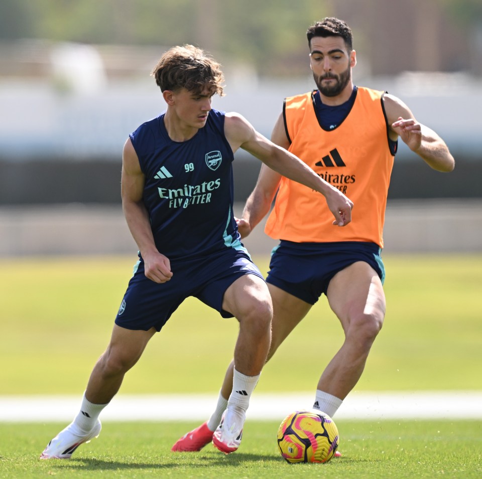 Max Dowman and Mikel Merino of Arsenal during a training session.