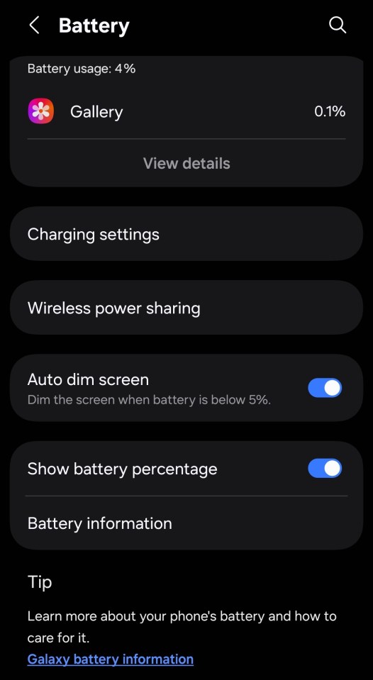 Screenshot of phone's battery settings showing 4% usage.