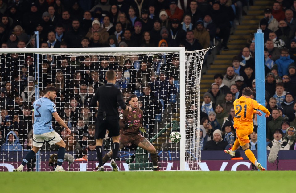 Brahim Diaz of Real Madrid scoring a goal.