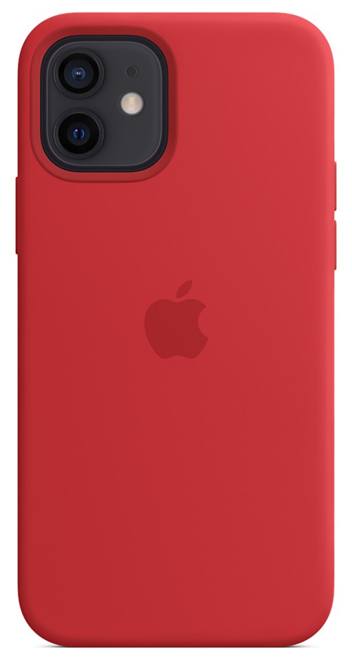 Red silicone iPhone case with Apple logo.