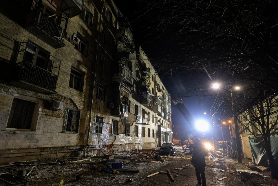 A damaged residential building following a Russian drone attack in Kharkiv, Ukraine