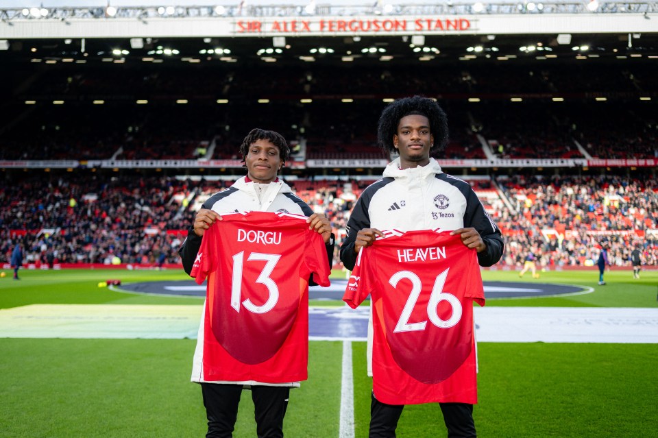Manchester United's new signings, Patrick Dorgu and Ayden Heaven, holding their jerseys.