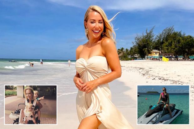 An image collage containing 3 images, Image 1 shows Woman in a beige dress on a beach, Image 2 shows Woman on a jet ski in turquoise water, Image 3 shows Woman carrying two toddlers, one in a carrier and one on her back