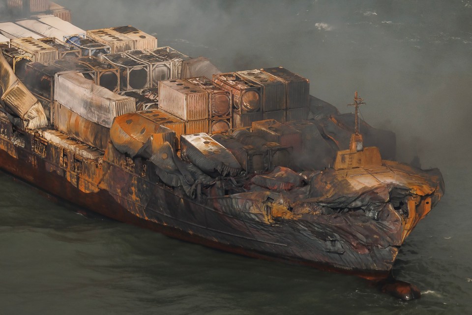 Aerial view of a damaged cargo ship in the North Sea.