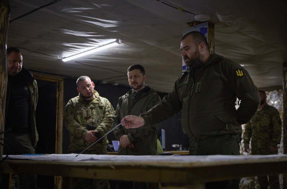 epa11981232 A handout picture made available by the Presidential Press Service shows Ukrainian President Volodymyr Zelensky meeting with commanders of the Ukrainian Armed Forces at an undisclosed location in the Donetsk region, Ukraine, 22 March 2025. Zelenskyy visited the command posts of the Pokrovsk tactical group and the 59th separate assault brigade of unmanned systems named after Yakiv Handziuk during his working visit to the Donetsk region amid the ongoing Russian invasion. EPA/PRESIDENTIAL PRESS SERVICE HANDOUT HANDOUT HANDOUT EDITORIAL USE ONLY/NO SALES
