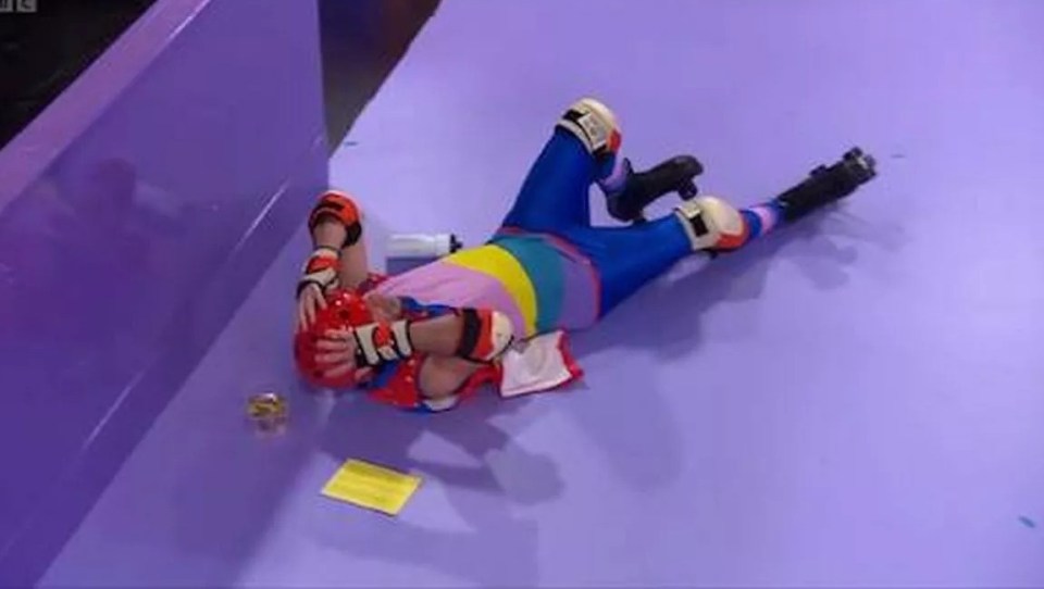 Gethin Jones fallen on roller skates during a Comic Relief challenge.