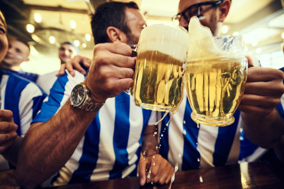 Close up of male sports fans toasting with beer during a game in a bar.