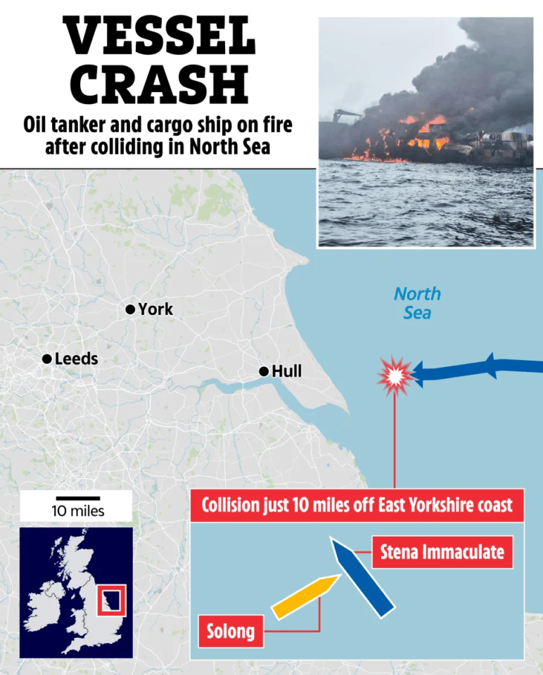 Illustration of a map showing the location of a collision between an oil tanker and a cargo ship in the North Sea, along with a photo of the burning ships.