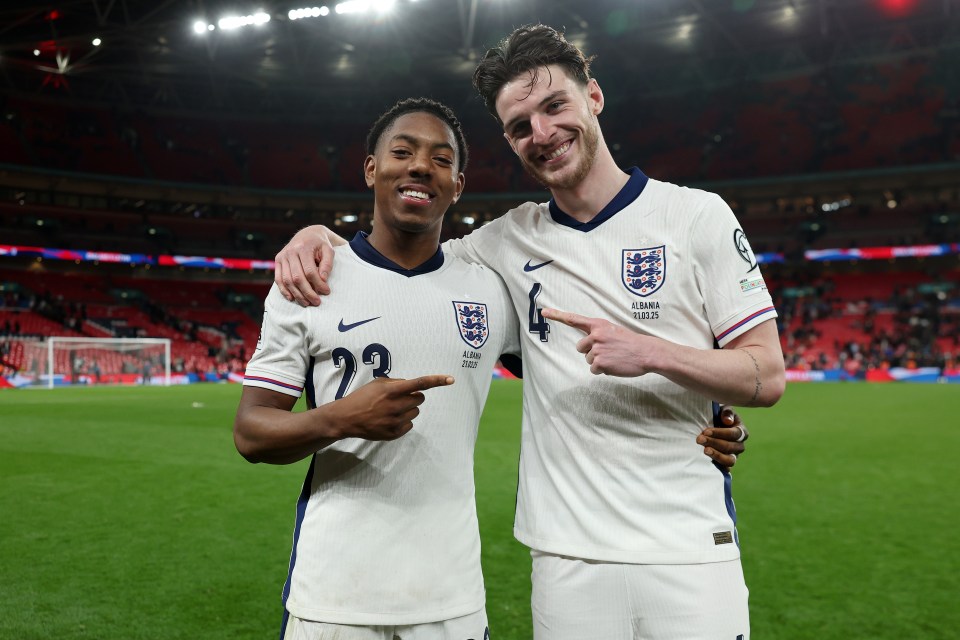 Myles Lewis-Skelly and Declan Rice of England's national football team.