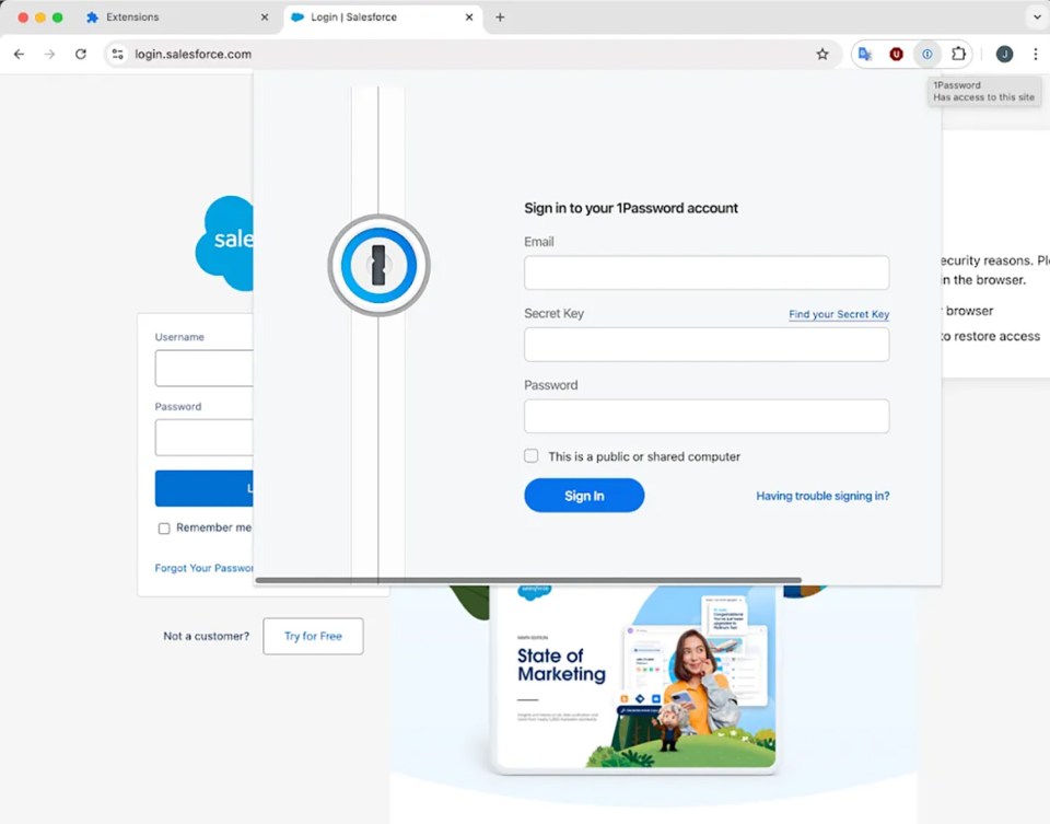 Salesforce 1Password login screen.