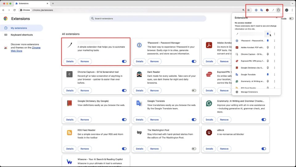 Screenshot of Chrome extensions page.