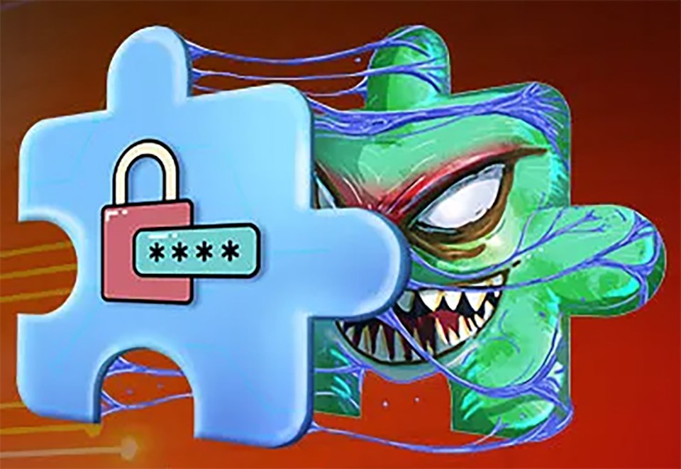 Illustration of a password-protected puzzle piece being attacked by a monster.