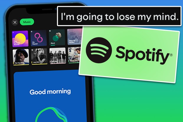 Spotify app interface with playlist options and the Spotify logo.