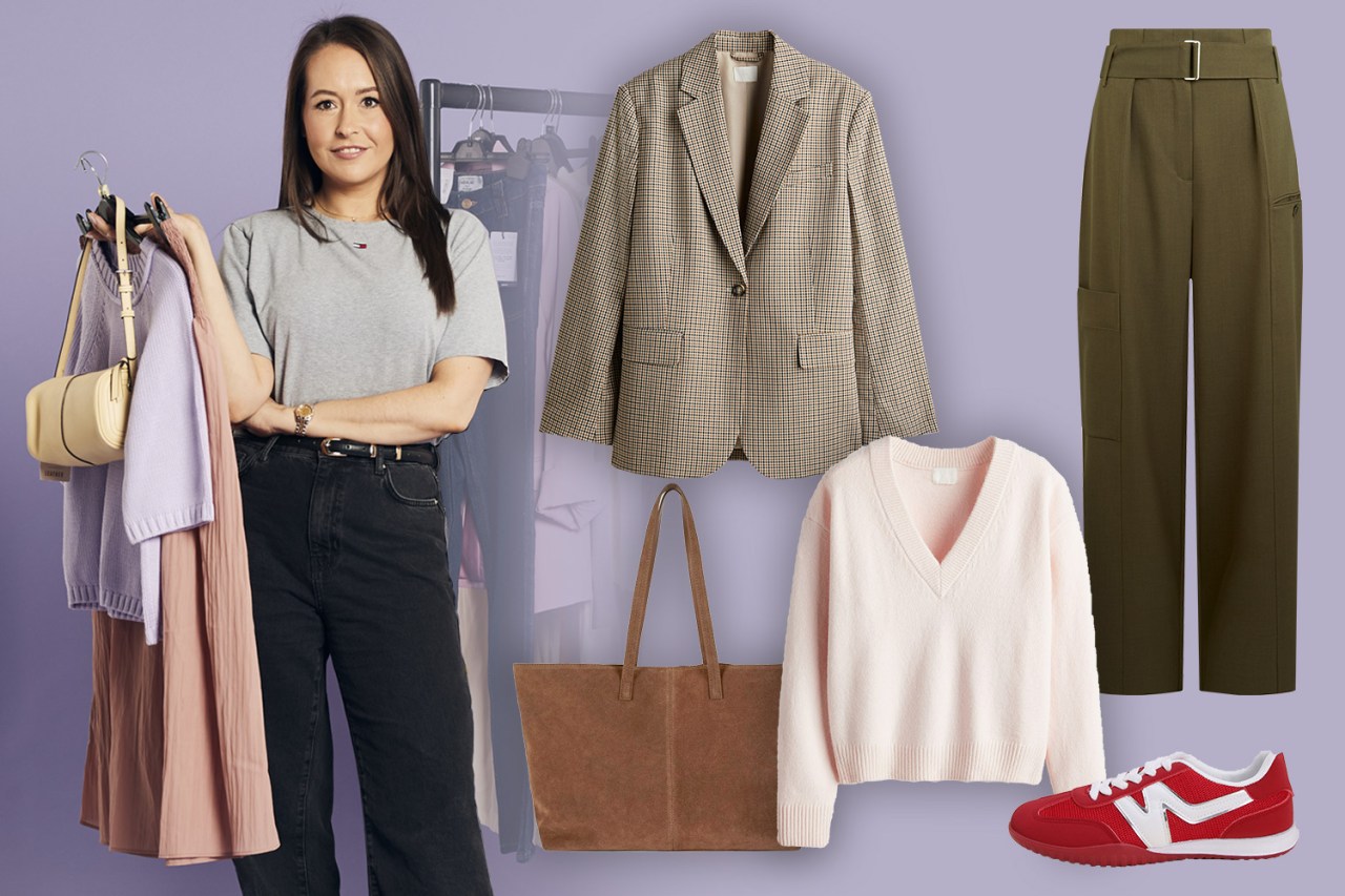 Collage of woman and clothing items.