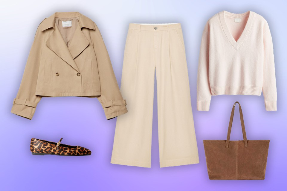 Collage of women's clothing and accessories: beige jacket, pants, pink sweater, leopard-print flats, and brown tote bag.
