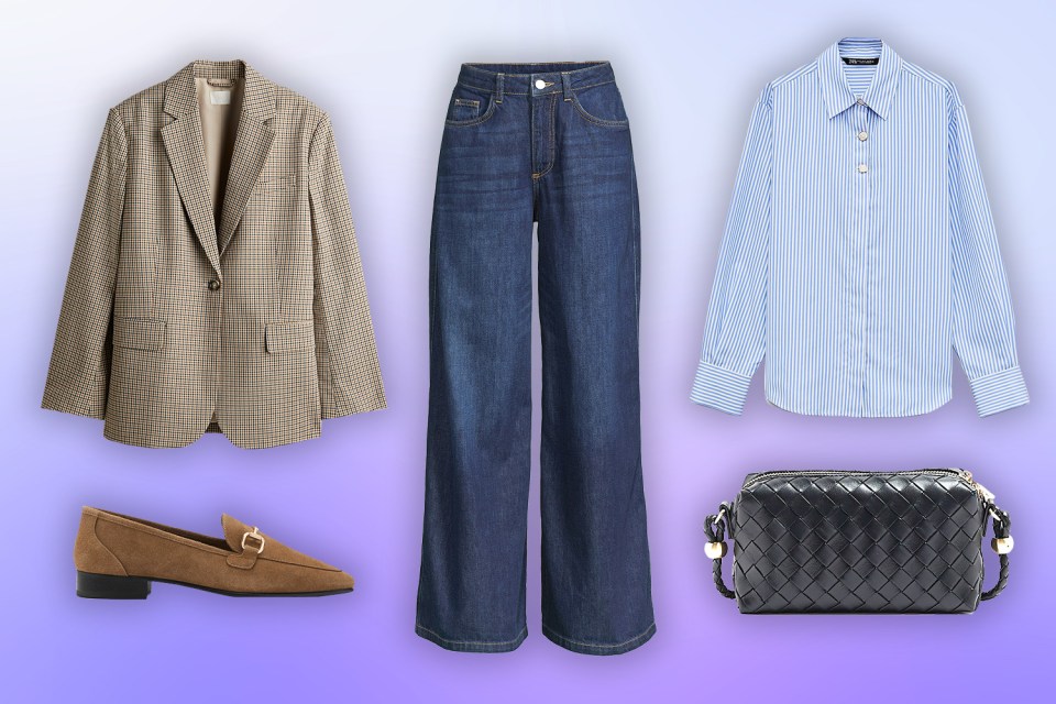 Collage of women's clothing and accessories: blazer, jeans, shirt, loafers, and bag.