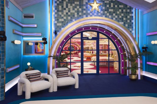 An image collage containing 1 images, Image 1 shows View of the "Celebrity Big Brother" house bedroom through an arched doorway