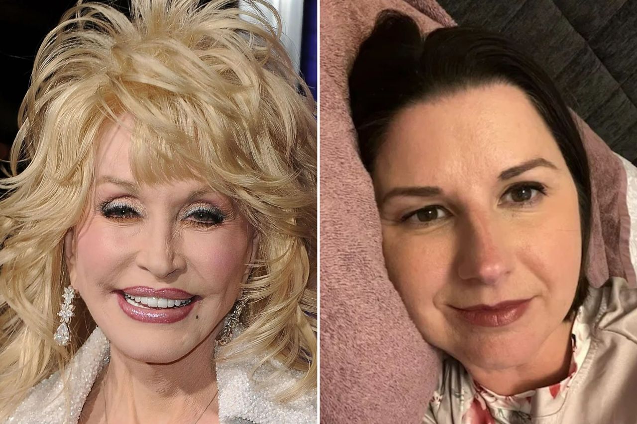 An image collage containing 2 images, Image 1 shows Dolly Parton in a white sequined top, Image 2 shows Woman resting her head on a pillow