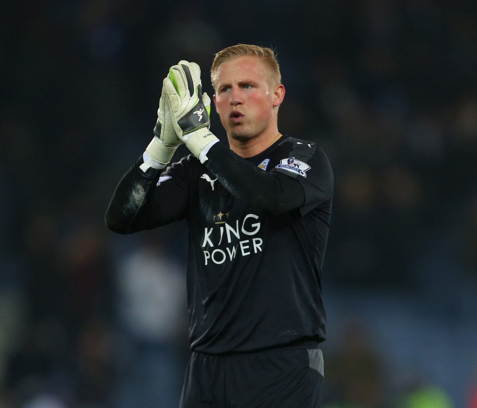 Kasper Schmeichel of Leicester City applauding after a soccer match.