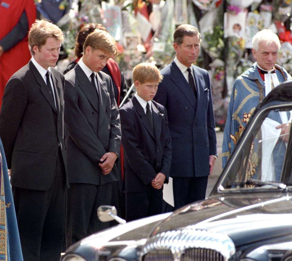Prince William, Prince Harry, their father King Charles III, and Earl Spencer at Princess Diana's funeral.