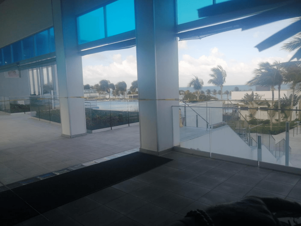 Ocean view from a building's interior.