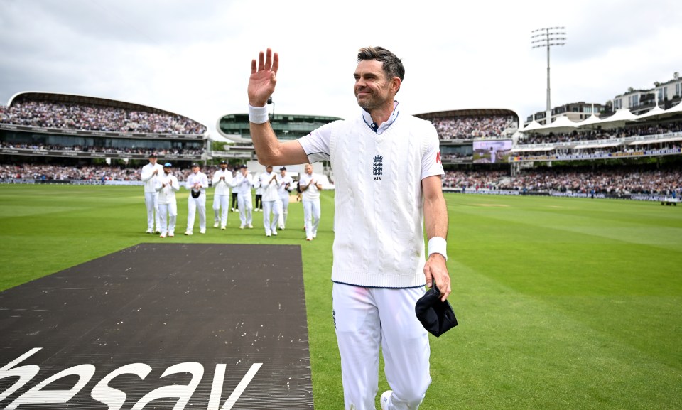 James Anderson of England waves goodbye after his final test match.