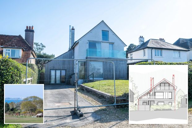 An image collage containing 3 images, Image 1 shows House behind a temporary fence, Image 2 shows Illustration of proposed house plans, showing a modern home with a large glass frontage between two existing houses, Image 3 shows Two horses in a pasture with a view of Bournemouth in the distance