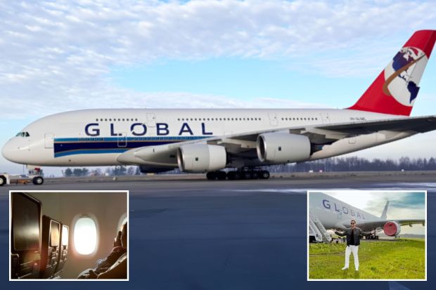 An image collage containing 3 images, Image 1 shows Airbus A380 Global Airlines plane on the tarmac, Image 2 shows Economy class airplane seats with passengers looking out the window, Image 3 shows Man standing in front of a Global Airlines plane