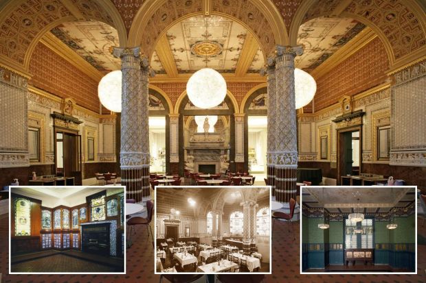 An image collage containing 4 images, Image 1 shows The Gamble Room at the Victoria and Albert Cafe, Image 2 shows Photo of a dining room with many tables set for meals, Image 3 shows Poynter Room at the Victoria and Albert Cafe, Image 4 shows Morris Room at the Victoria and Albert Cafe
