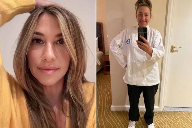 An image collage containing 2 images, Image 1 shows Melanie Blatt in a yellow sweater, Image 2 shows Melanie Blatt in a chef's jacket taking a selfie