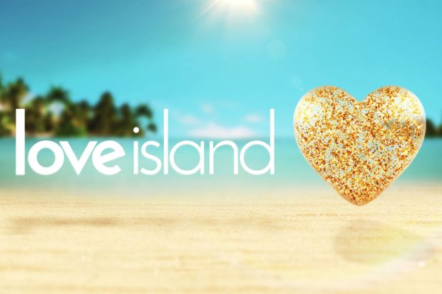 An image collage containing 1 images, Image 1 shows Love Island logo with a gold glitter heart on a beach