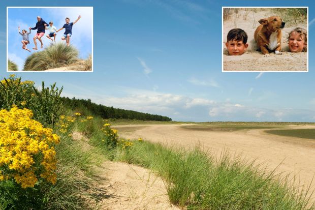 An image collage containing 3 images, Image 1 shows Holkham beach in North Norfolk, England, with yellow flowers and grasses, Image 2 shows Prince William jumping for joy with his three children, Image 3 shows Young Prince Charles and Princess Anne buried up to their necks in sand with a dog