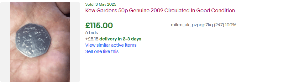 Photo of a 2009 Kew Gardens 50p coin sold for £115.00 at auction.