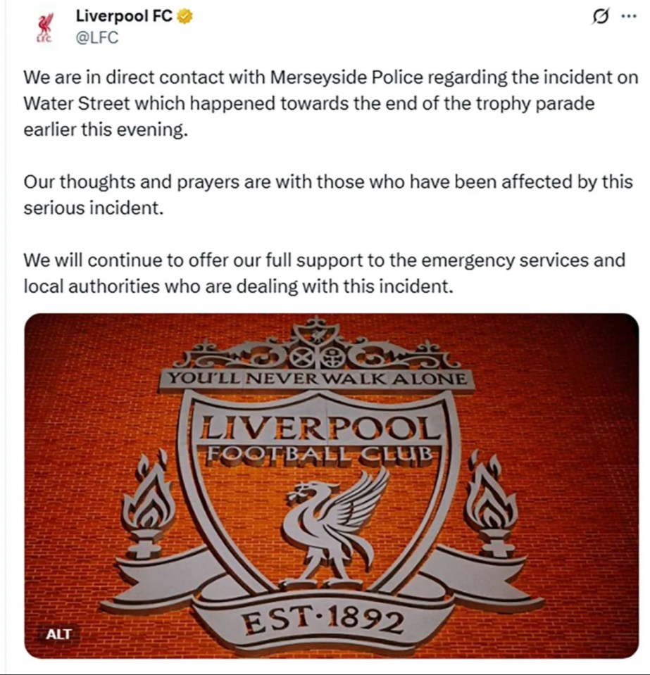 Liverpool FC crest; statement on Water Street incident.