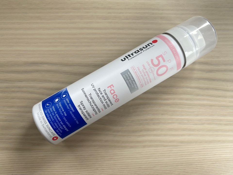 Ultrasun SPF 50 face and scalp UV protection spray.