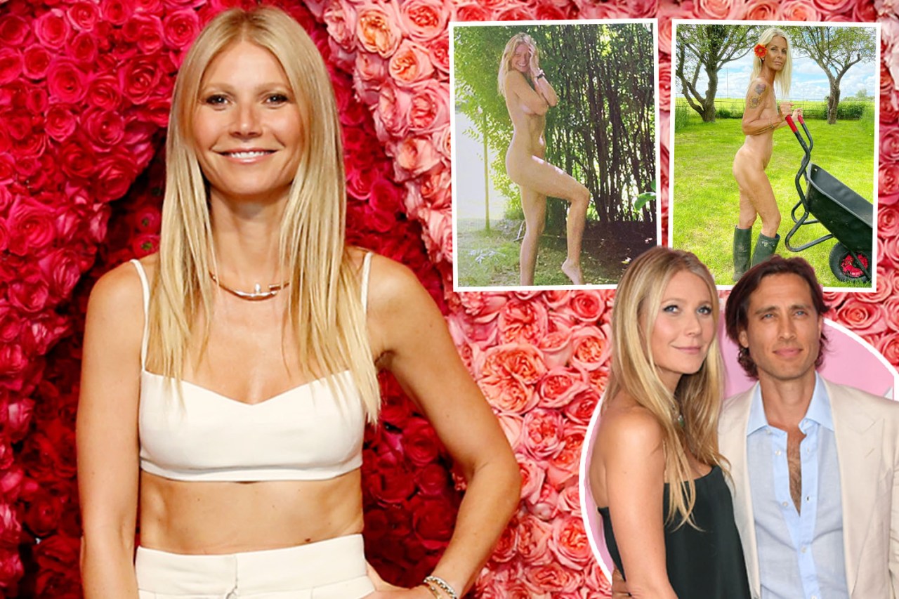 Collage of Gwyneth Paltrow; one image shows her in a white crop top, another shows her nude gardening, and a third shows her with her husband.