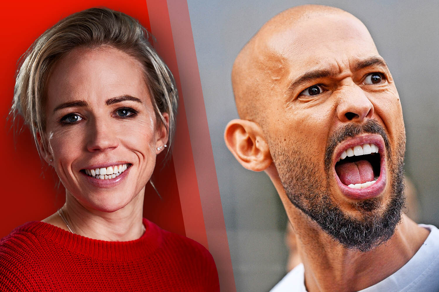 Portrait collage of a smiling woman and a shouting man.