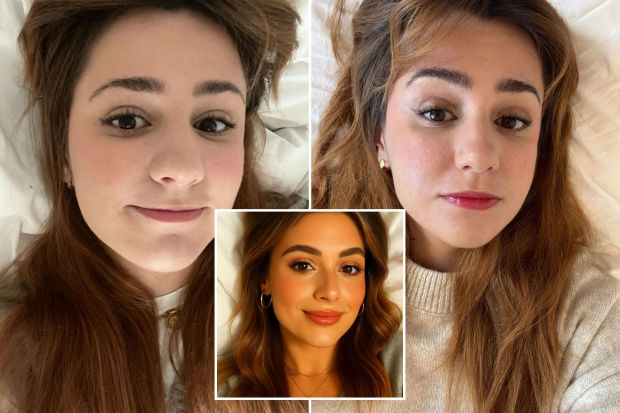 An image collage containing 3 images, Image 1 shows Close-up selfie of a young woman with long brown hair, Image 2 shows Close-up selfie of a woman with long brown hair and makeup, Image 3 shows Woman with summer glow makeup and gold jewelry