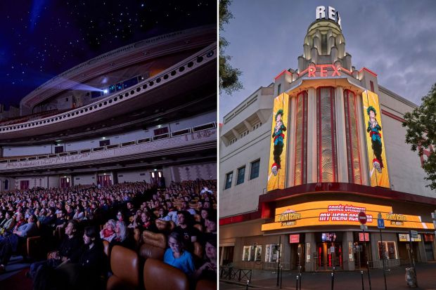 An image collage containing 2 images, Image 1 shows A large audience watching a film in a grand movie theater, Image 2 shows The Grand Rex cinema in Paris at dusk, showing a My Hero Academia movie poster