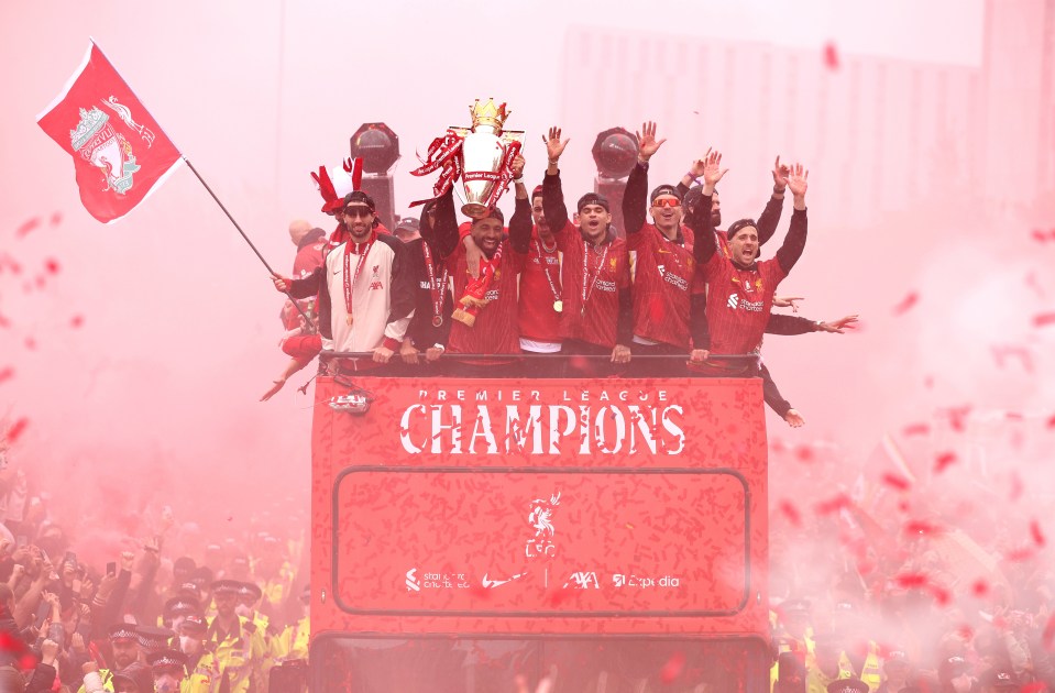 Liverpool players celebrating their Premier League victory in a parade.