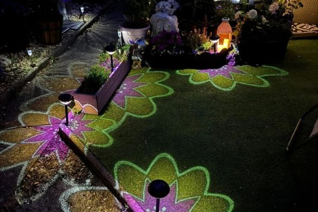 An image collage containing 1 images, Image 1 shows Nighttime garden scene with illuminated flower designs on the ground