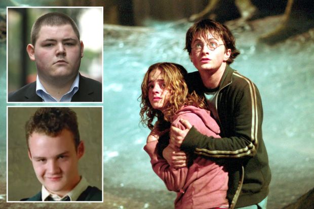 An image collage containing 3 images, Image 1 shows Harry Potter and Hermione Granger embracing in a scene from Harry Potter and the Prisoner of Azkaban, Image 2 shows Jamie Waylett, Harry Potter actor, at court sentencing, Image 3 shows Josh Herdman, who played Goyle in Harry Potter, as a cage fighter