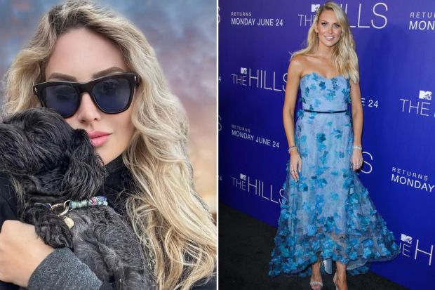 An image collage containing 2 images, Image 1 shows Woman in sunglasses holding a small black dog, Image 2 shows Stephanie Pratt at the MTV's "The Hills: New Beginnings" TV show party