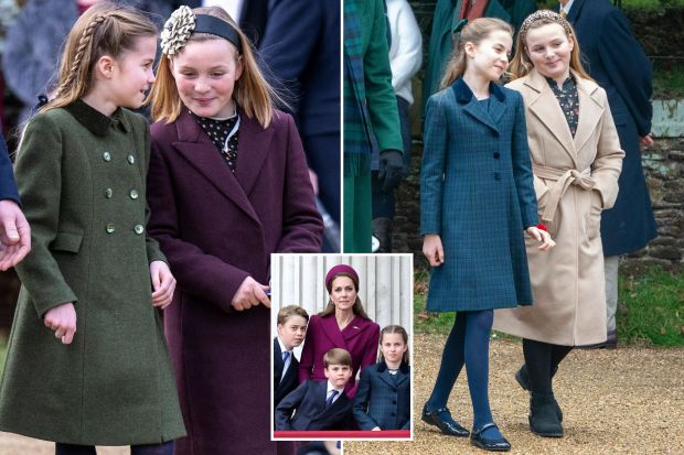 An image collage containing 3 images, Image 1 shows Princess Charlotte and Mia Tindall at a Christmas Day service, Image 2 shows Princess Charlotte and Mia Tindall at Sandringham Church on Christmas Day, Image 3 shows Catherine, Princess of Wales, with Prince George, Prince Louis, and Princess Charlotte on the Buckingham Palace balcony