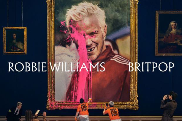 An image collage containing 1 images, Image 1 shows Robbie Williams Britpop album art: a painting of Robbie Williams vandalized with pink paint