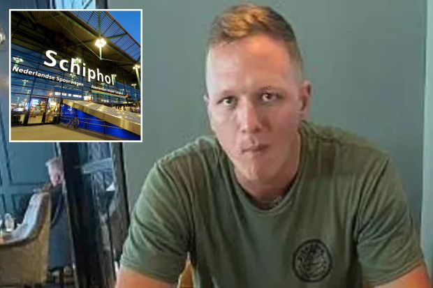 An image collage containing 2 images, Image 1 shows Man sitting at a table with drinks and snacks, Image 2 shows Amsterdam Airport Schiphol entrance at night