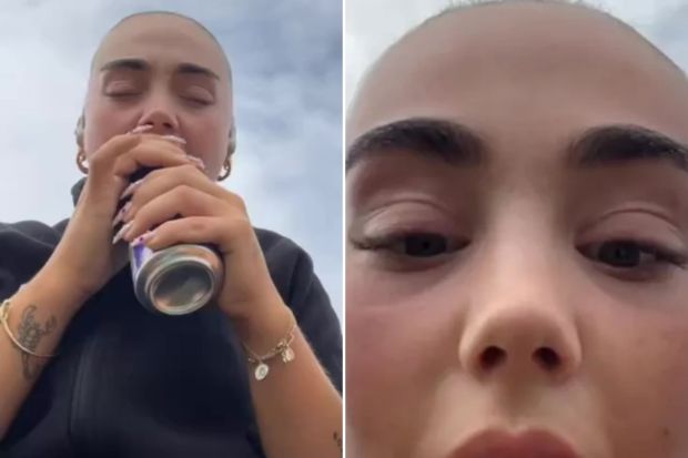 An image collage containing 2 images, Image 1 shows Woman with short hair carefully drinks from a can to avoid ruining her nails, Image 2 shows Close-up of a woman with short hair and decorated nails, blowing on her hands to avoid ruining her manicure