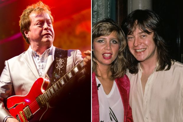 An image collage containing 2 images, Image 1 shows Rick Derringer of Ringo Starr's All Starr Band performing live on stage, Image 2 shows Rick Derringer and his wife Liz in the 1980s